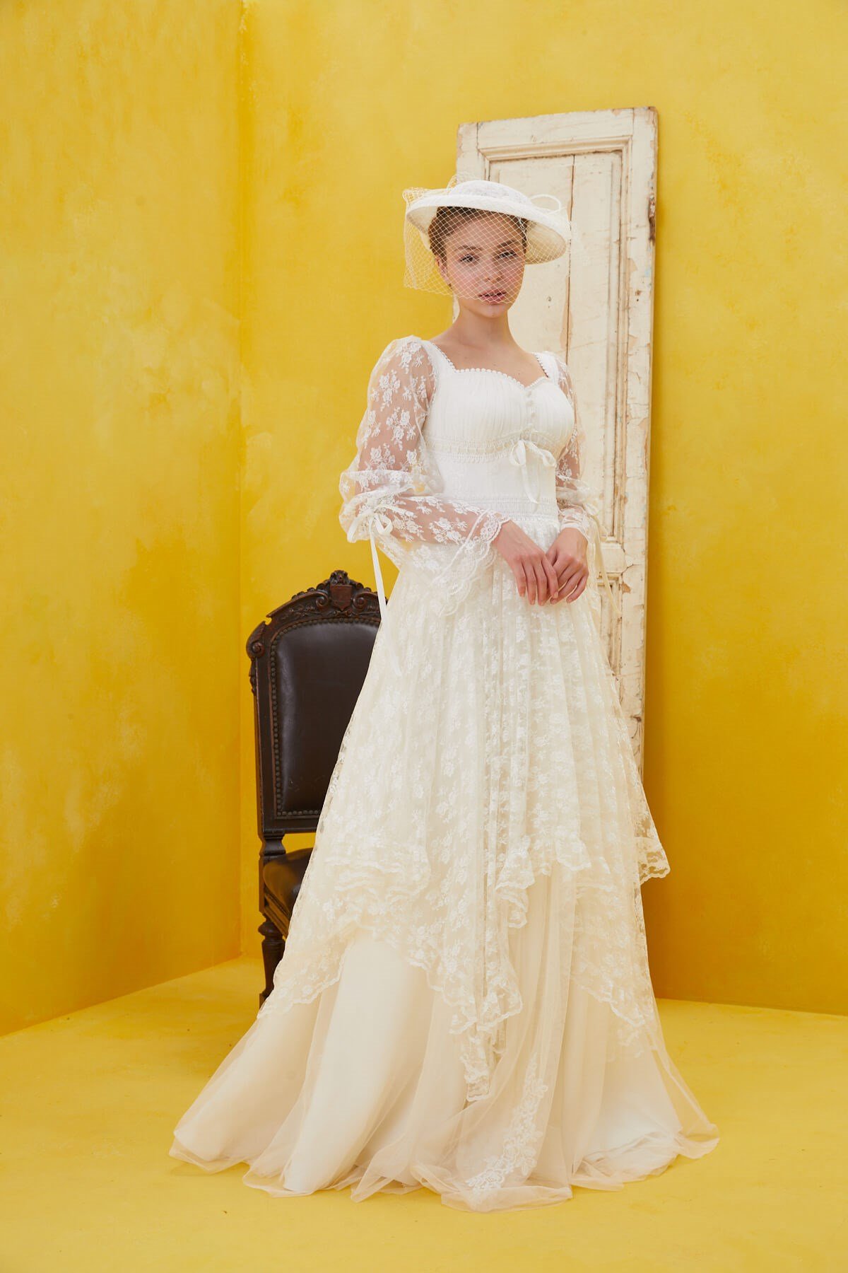 Asymmetrically Detailed Vintage Romantic Wedding Dress