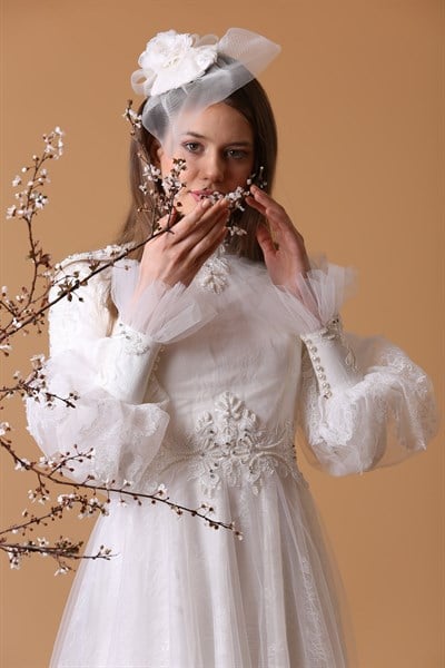 Balon Kollu Dantel Gelinlik Elbise │ JAQAR 2020 White Koleksiyonu - Tesettür  Giyim