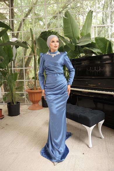 Aksesuar Detaylı Saten Abiye İndigo