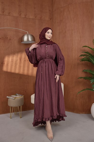 Asimetrik Fırfırlı Elbise Bordo