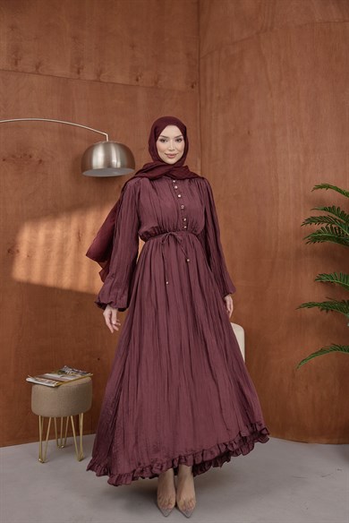 Asimetrik Fırfırlı Elbise Bordo