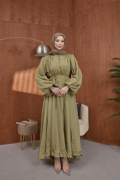 Asimetrik Fırfırlı Elbise Çağla