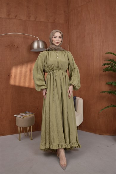 Asimetrik Fırfırlı Elbise Çağla