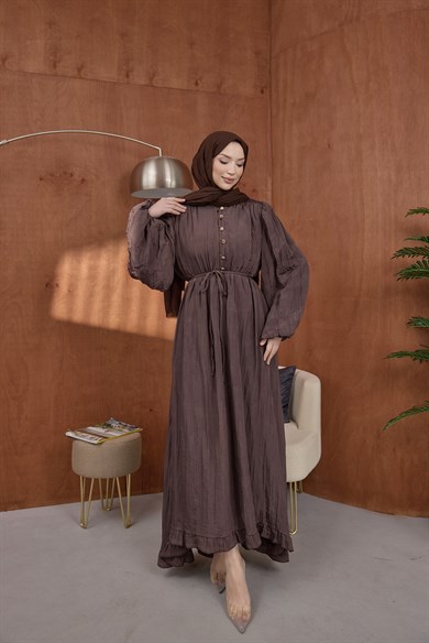 Asimetrik Fırfırlı Elbise Kahve