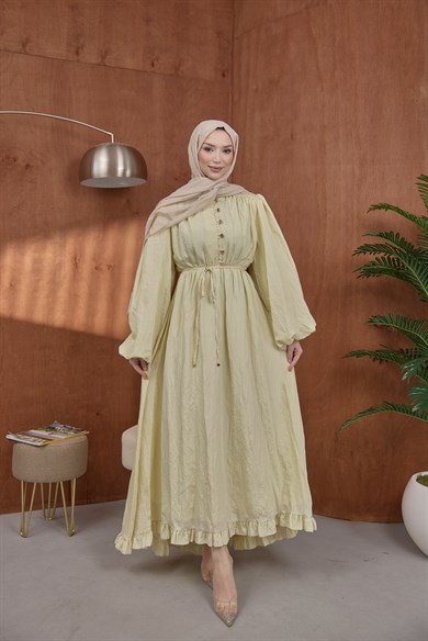 Asimetrik Fırfırlı Elbise Sarı