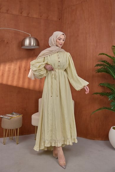 Asimetrik Fırfırlı Elbise Sarı