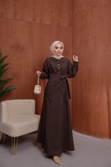 Beli Lastikli Elbise Kahverengi