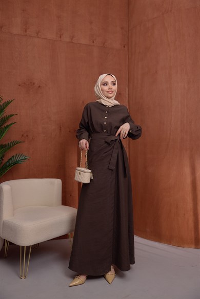 Beli Lastikli Elbise Kahverengi