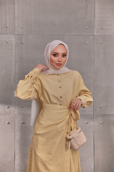 Beli Lastikli Elbise Sarı