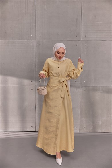 Beli Lastikli Elbise Sarı