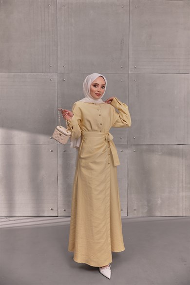 Beli Lastikli Elbise Sarı