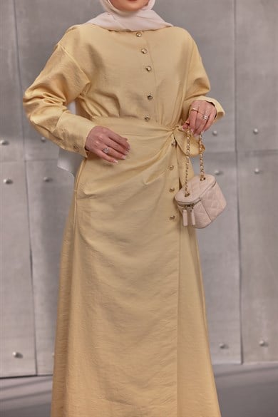 Beli Lastikli Elbise Sarı