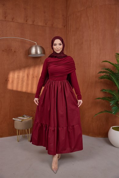Büzgülü Poplin Elbise Burgundy