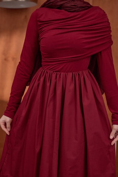 Büzgülü Poplin Elbise Burgundy