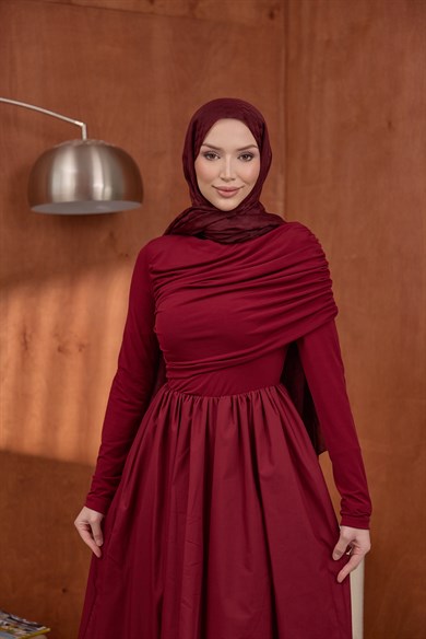 Büzgülü Poplin Elbise Burgundy