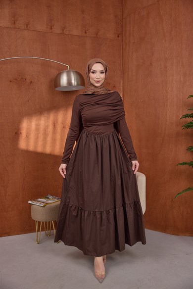 Büzgülü Poplin Elbise Kahve