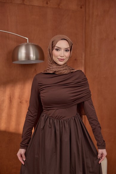 Büzgülü Poplin Elbise Kahve