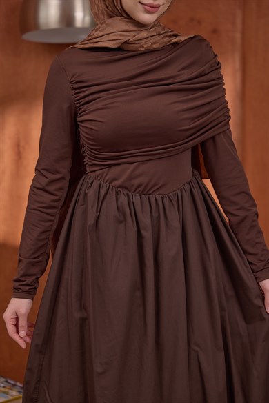 Büzgülü Poplin Elbise Kahve