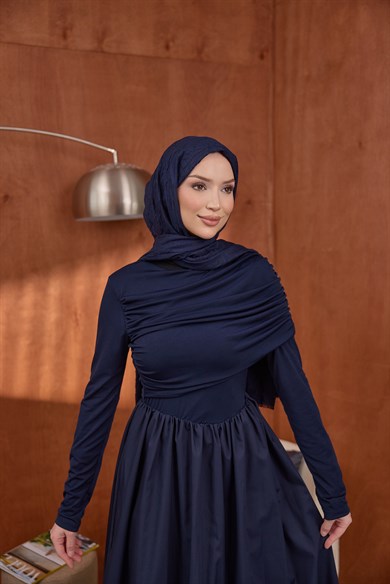 Büzgülü Poplin Elbise Lacivert