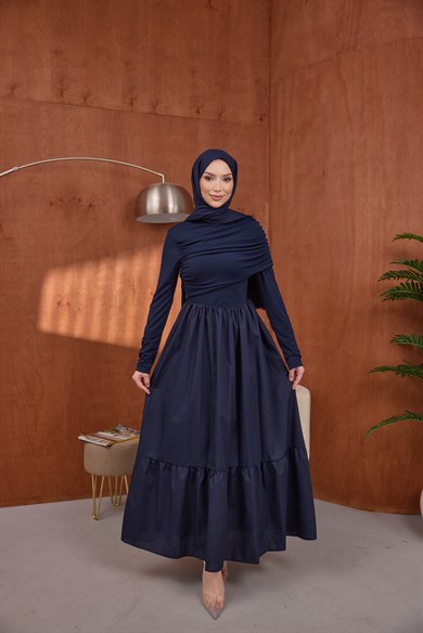 Büzgülü Poplin Elbise Lacivert