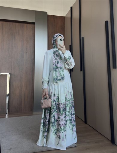 Desenli Elbise Pudra