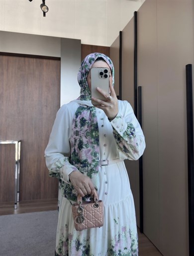 Desenli Elbise Pudra