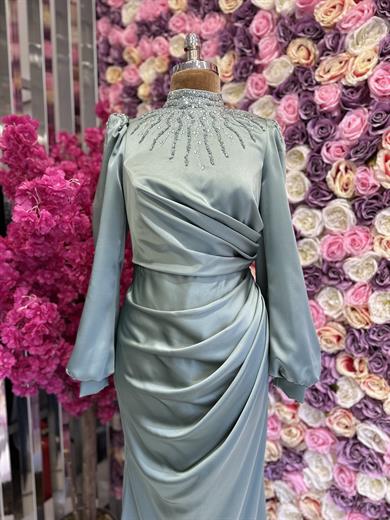 Drape Detaylı Saten Abiye Mint