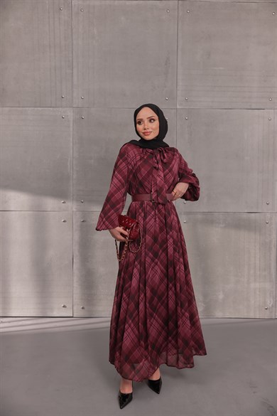 Ekose Kemerli Elbise Bordo