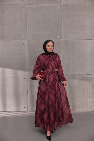Ekose Kemerli Elbise Bordo
