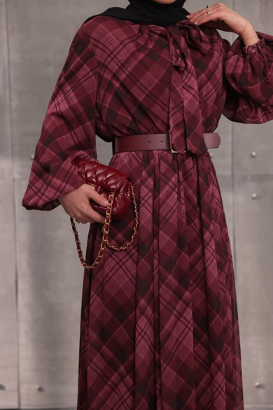 Ekose Kemerli Elbise Bordo