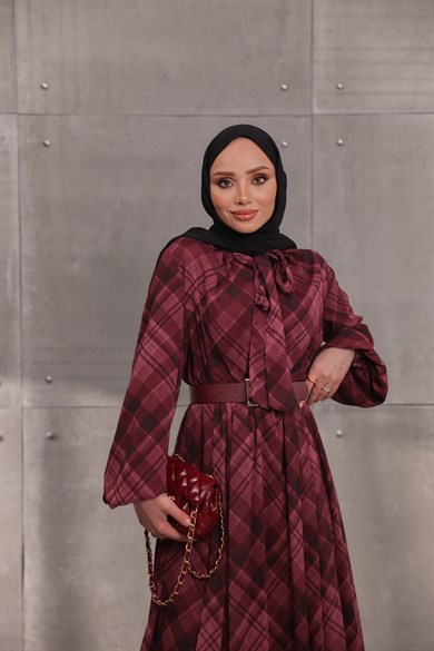 Ekose Kemerli Elbise Bordo