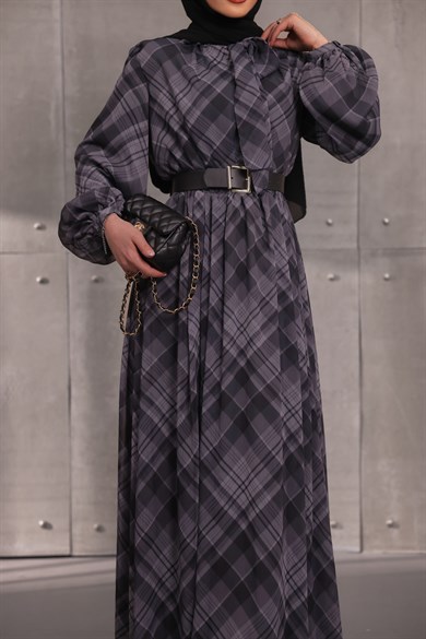 Ekose Kemerli Elbise Gri