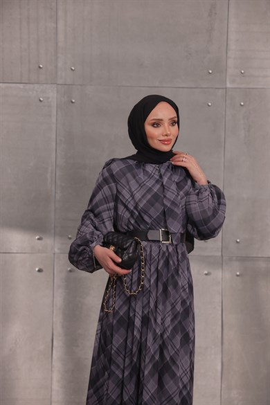 Ekose Kemerli Elbise Gri