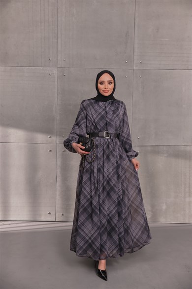 Ekose Kemerli Elbise Gri