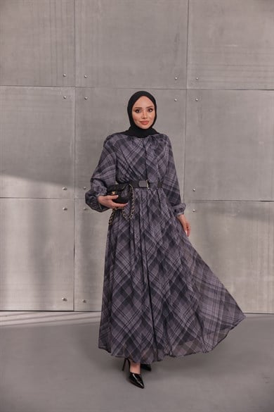 Ekose Kemerli Elbise Gri