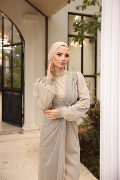 Fırfır Detaylı Abiye Bej