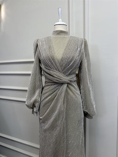 Fırfır Detaylı Abiye Bej