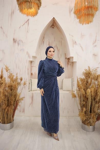 Fırfır Detaylı Abiye Lacivert