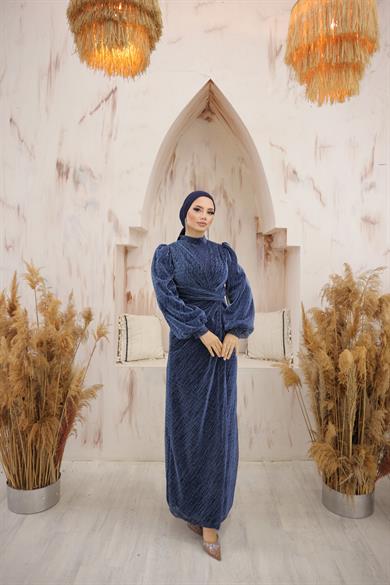 Fırfır Detaylı Abiye Lacivert