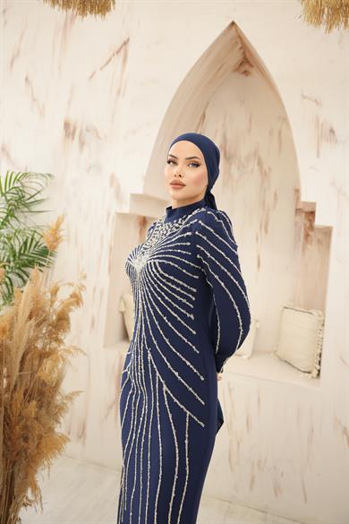 İşleme Detaylı Abiye Lacivert