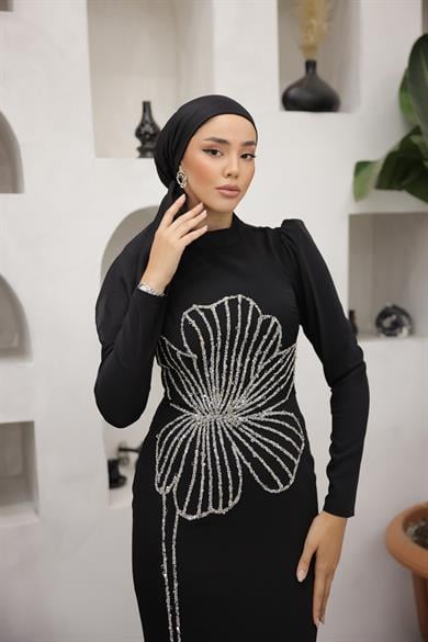 İşleme Detaylı Abiye Siyah
