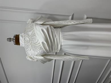 İşleme Detaylı Saten Abiye Beyaz