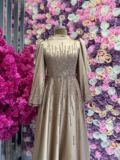 İşleme Detaylı Saten Abiye Bronz