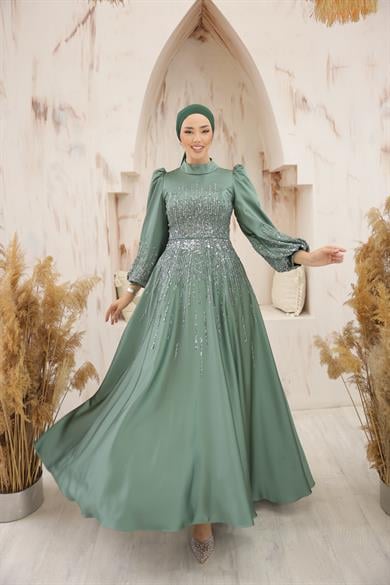 Besticktes Satin Abendkleid Khaki