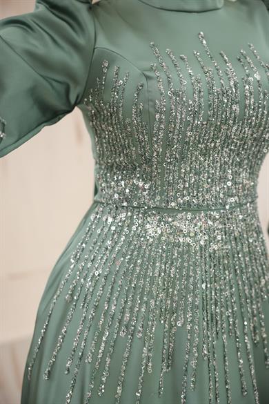 Besticktes Satin Abendkleid Khaki