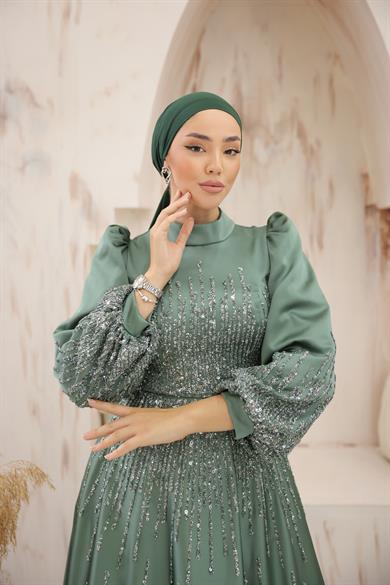 Besticktes Satin Abendkleid Khaki