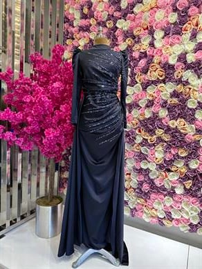 İşleme Detaylı Saten Abiye Lacivert