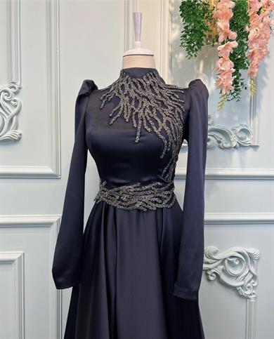 İşleme Detaylı Saten Abiye Lacivert