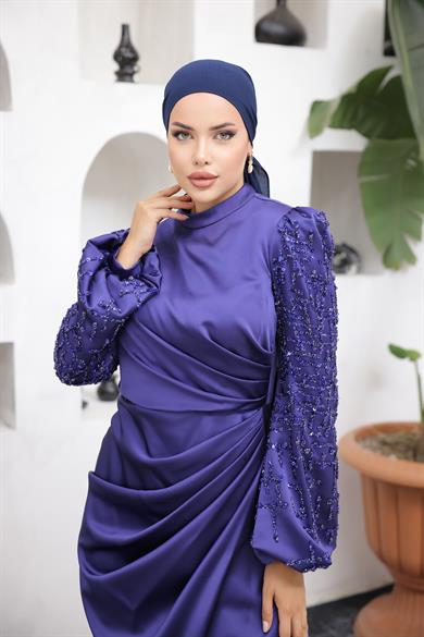 Besticktes Satin Abendkleid Sachsenblau