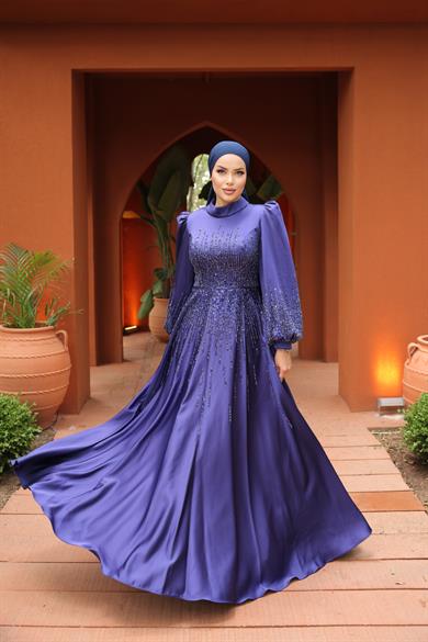 Besticktes Satin Abendkleid Sachsenblau